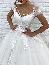 levne Luxusní svatební šaty-Formální Svatební Šaty Ball Gown V Výstřih Rukávy do Chatu Vlak Krajkové Svatební Šaty s Aplikacemi 2025