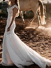 economico abiti da sposa casual-Vestito da sposa semplice da spiaggia sirena scollatura a V maniche a cappuccio strascico di corteo abiti da sposa in pizzo con applicazioni 2025