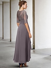 voordelige Vloerlengte-A-Lijn Moeder van de Bruid Jurk Bruidsgast Elegant Plus Size Hoog Laag V-Hals Asymmetrisch Enkel Lengte Chiffon Kant Halve Mouw met Beading Applicaties gratis maatwerk