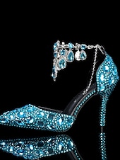 Χαμηλού Κόστους Νύφη-Πολυτελείς γόβες νύφης από κρύσταλλο – λαμπερά νυφικά παπούτσια με στρας και αλυσίδα για λαμπερή αίθουσα χορού και πολυτελή τελετή