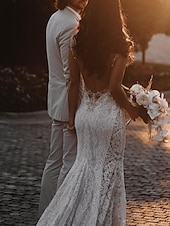 cheap Casual Wedding Dresses-Beach Wedding Beach Open Back Sexy Boho Wedding Dresses Mermaid V Neck Sleeveless Court Train Lace Bridal Gowns With Appliques 2025