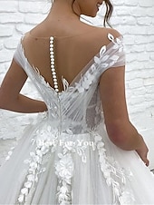levne Luxusní svatební šaty-Formální Svatební Šaty Ball Gown V Výstřih Rukávy do Chatu Vlak Krajkové Svatební Šaty s Aplikacemi 2025