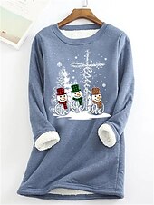 preiswerte Fleece-futterierte Sweatshirts-Damen Pullover Sweatshirt Schneemann Weihnachten Warm Flauschig Langarm Rundhals Rundhalsausschnitt Normale Oberteile Weihnachten Lässig Schwarz Blau Grau Herbst Winter