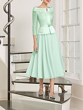 abordables Ensembles de robes pour maman-Robe de mère de la mariée deux pièces A-Line élégante à encolure en V longueur thé en chiffon satin manches 3/4 avec ceinture  ruban plis broche en cristal robe de derby robe de course 2025 taille