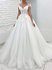 levne Luxusní svatební šaty-Formální Svatební Šaty Ball Gown V Výstřih Rukávy do Chatu Vlak Krajkové Svatební Šaty s Aplikacemi 2025