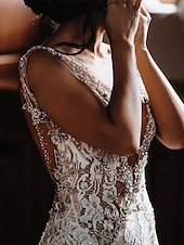 cheap Casual Wedding Dresses-Beach Wedding Beach Open Back Sexy Boho Wedding Dresses Mermaid V Neck Sleeveless Court Train Lace Bridal Gowns With Appliques 2025