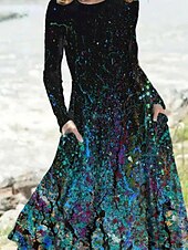 levne Šaty umění a designu-Ženské midi šaty volnočasové šaty zimní šaty swing šaty dovolená móda základní formální dovolená večírek pravidelně padnoucí tie dye barevný gradient dlouhý rukáv posádka krk žlutá modrá velbloudí