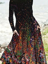levne Šaty umění a designu-Ženské midi šaty volnočasové šaty zimní šaty swing šaty dovolená móda základní formální dovolená večírek pravidelně padnoucí tie dye barevný gradient dlouhý rukáv posádka krk žlutá modrá velbloudí