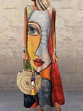 cheap Art&amp;Design Dress-Women&#039;s Maxi Dress Casual Dress Sundress Shift Dress Modern Vacation Party Casual Regular Fit Color Block Abstract Sleeveless Crew Neck Yellow Blue Purple Orange