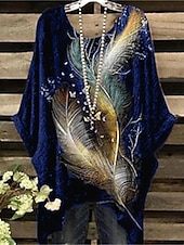 cheap Art&amp;Design Tops-Women&#039;s Plus Size Blouse Chiffon Vintage Holiday Casual Print Dolman Sleeve 3/4 Length Sleeve Crew Neck Daily Weekend Black Dark Blue Summer Spring Fall