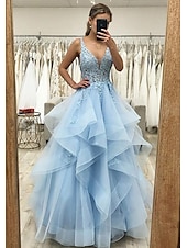 levne Plesové šaty-Koule Šaty A-Line Plesové Šaty Princeznovské Šaty Formální Svatební Host Floor Length Bez Rukávů V Krku Tyl Design bez zad s Faldy Řasení Aplikace Maškarní Šaty