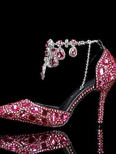 Χαμηλού Κόστους Νύφη-Πολυτελείς γόβες νύφης από κρύσταλλο – λαμπερά νυφικά παπούτσια με στρας και αλυσίδα για λαμπερή αίθουσα χορού και πολυτελή τελετή