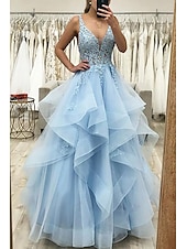 levne Plesové šaty-Koule Šaty A-Line Plesové Šaty Princeznovské Šaty Formální Svatební Host Floor Length Bez Rukávů V Krku Tyl Design bez zad s Faldy Řasení Aplikace Maškarní Šaty