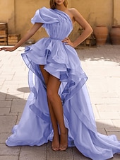 economico Abiti da sera a vita impero-Linea ad A Asimmetrico Abiti da Ballo Abito da Sera Da principessa Abito formale Sexy Alto Basso Senza Maniche Monospalla Balli di fine anno Ricevimento di matrimonio Organza con Volant Colore puro