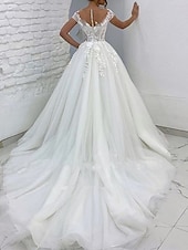 levne Luxusní svatební šaty-Formální Svatební Šaty Ball Gown V Výstřih Rukávy do Chatu Vlak Krajkové Svatební Šaty s Aplikacemi 2025