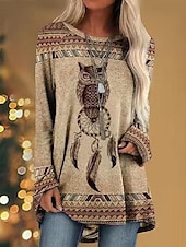 levne Boho tričko-Dámské Tunika Tričko Grafika Zvíře Zvířecí vzor Vinobraní Západní retro Dlouhý rukáv Kulatý Běžné topy Ležérní Denní zvířecí motiv Sova 1 Sova 2 Jaro &amp; podzim Podzim zima