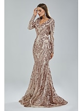 preiswerte Rosa-Meerjungfrau Pailletten Abendkleid Elegantes Kleid Karneval Formale Gerichts Zug Lange Ärmel V-Ausschnitt Afroamerikanische Spitze Maskerade Kleid 2025