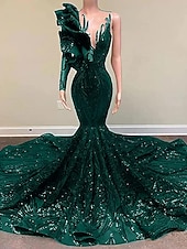 halpa Merenneito Illan Mekot-Trumpetti merenneito Hovilaahus Tanssiaismekot Iltapuku Ball Gown Muodollinen mekko Tyylikäs Kimmaltava ja hohtava Pitkähihainen Yksiolkaiminen Kihlaus Muodollinen iltajuhla Paljetein koristeltu