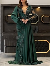 economico VERDE-Abito da sera sirena elegante abito formale per invitati a matrimoni lunghezza del pavimento maniche lunghe scollatura a V abito per invitati in pizzo autunnale con applicazioni colore puro 2025