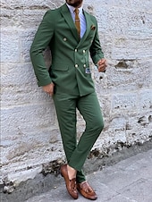 baratos Fatos formais-Ternos Masculinos para Casamento Trajes de Homecoming Verde Escuro Cor Sólida Ajuste Padrão 2 Peças Com Seis Botões