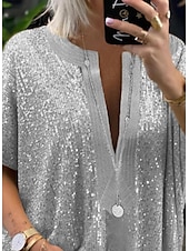 cheap Dressy Tops-Women&#039;s Shirt Blouse Elegant Vintage Fashion Sparkly Sequins Long Sleeve Regular Tops V Neck Casual Weekend Silver Gold Spring Fall