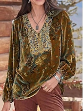 economico Tops Boho-camicia da donna camicia boho camicetta velluto base stampa floreale manica lunga top regolari scollo a V festa capodanno giallo rosso viola grigio primavera autunno