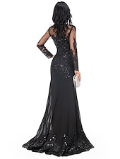 preiswerte SCHWARZ-Meerjungfrau Schwarzes Kleid Abendkleid Paillette Prom Kleid Funkelnd Formal Kleid Sweep  Brush Train Langarm Illusion Hals Spitze mit Applikationen Kleid für 2025 beeindrucken