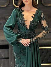 economico VERDE-Abito da sera sirena elegante abito formale per invitati a matrimoni lunghezza del pavimento maniche lunghe scollatura a V abito per invitati in pizzo autunnale con applicazioni colore puro 2025