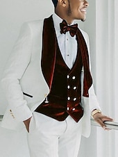 economico Festa di cena-Tuxedo da uomo in velluto per ballo da matrimonio rosso burgundy solidi taglio standard 3 pezzi monopetto un bottone