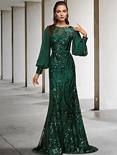 economico Lunghezza del pavimento-Abito madre della sposa a sirena per invitati a matrimoni elegante brillante scollo gioiello strascico/traine in chiffon maniche lunghe con applicazioni in paillettes 2025 taglia personalizzata