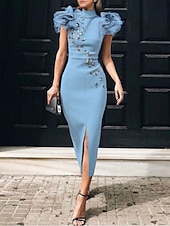 cheap Cocktail Dresses-Sheath Column Ankle Length Cocktail Dresses Party Dresses Elegant Sleeveless High Neck Formal WorkWear Stretch Fabric with Slit Appliques