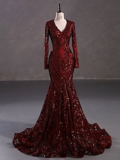 preiswerte Rosa-Meerjungfrau Pailletten Abendkleid Elegantes Kleid Karneval Formale Gerichts Zug Lange Ärmel V-Ausschnitt Afroamerikanische Spitze Maskerade Kleid 2025