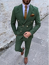 baratos Fatos formais-Ternos Masculinos para Casamento Trajes de Homecoming Verde Escuro Cor Sólida Ajuste Padrão 2 Peças Com Seis Botões