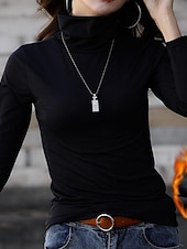 economico T-shirt semplice-Per donna maglietta Maglieria intima Camicia di fondo Liscio Essenziale Manica lunga A collo alto Collo alto Top regolari Giornaliero Fine settimana Dolcevita bordeaux più velluto felpa nera a collo