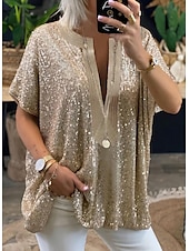 cheap Dressy Tops-Women&#039;s Shirt Blouse Elegant Vintage Fashion Sparkly Sequins Long Sleeve Regular Tops V Neck Casual Weekend Silver Gold Spring Fall