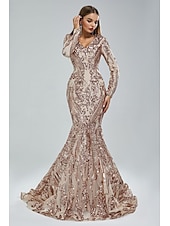 preiswerte Rosa-Meerjungfrau Pailletten Abendkleid Elegantes Kleid Karneval Formale Gerichts Zug Lange Ärmel V-Ausschnitt Afroamerikanische Spitze Maskerade Kleid 2025