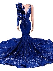 halpa Merenneito Illan Mekot-Trumpetti merenneito Hovilaahus Tanssiaismekot Iltapuku Ball Gown Muodollinen mekko Tyylikäs Kimmaltava ja hohtava Pitkähihainen Yksiolkaiminen Kihlaus Muodollinen iltajuhla Paljetein koristeltu
