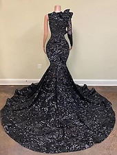 halpa Merenneito Illan Mekot-Trumpetti merenneito Hovilaahus Tanssiaismekot Iltapuku Ball Gown Muodollinen mekko Tyylikäs Kimmaltava ja hohtava Pitkähihainen Yksiolkaiminen Kihlaus Muodollinen iltajuhla Paljetein koristeltu