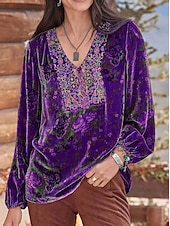economico Tops Boho-camicia da donna camicia boho camicetta velluto base stampa floreale manica lunga top regolari scollo a V festa capodanno giallo rosso viola grigio primavera autunno