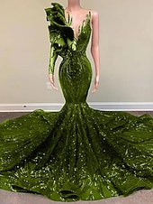 halpa Merenneito Illan Mekot-Trumpetti merenneito Hovilaahus Tanssiaismekot Iltapuku Ball Gown Muodollinen mekko Tyylikäs Kimmaltava ja hohtava Pitkähihainen Yksiolkaiminen Kihlaus Muodollinen iltajuhla Paljetein koristeltu