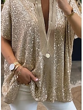 cheap Dressy Tops-Women&#039;s Shirt Blouse Elegant Vintage Fashion Sparkly Sequins Long Sleeve Regular Tops V Neck Casual Weekend Silver Gold Spring Fall