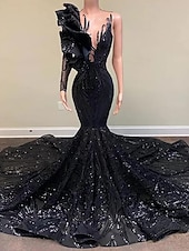 halpa Merenneito Illan Mekot-Trumpetti merenneito Hovilaahus Tanssiaismekot Iltapuku Ball Gown Muodollinen mekko Tyylikäs Kimmaltava ja hohtava Pitkähihainen Yksiolkaiminen Kihlaus Muodollinen iltajuhla Paljetein koristeltu
