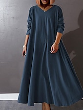 preiswerte Übergrößenkollektion-Damen-Freizeitkleid in Übergröße, reine Farbe, V-Ausschnitt, lange Ärmel, Winter, Herbst, Basic, lässig, Maxi-langes Kleid, tägliches Urlaubskleid