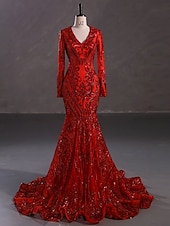 preiswerte Rosa-Meerjungfrau Pailletten Abendkleid Elegantes Kleid Karneval Formale Gerichts Zug Lange Ärmel V-Ausschnitt Afroamerikanische Spitze Maskerade Kleid 2025