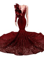 halpa Merenneito Illan Mekot-Trumpetti merenneito Hovilaahus Tanssiaismekot Iltapuku Ball Gown Muodollinen mekko Tyylikäs Kimmaltava ja hohtava Pitkähihainen Yksiolkaiminen Kihlaus Muodollinen iltajuhla Paljetein koristeltu