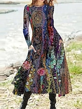levne Šaty umění a designu-Ženské midi šaty volnočasové šaty zimní šaty swing šaty dovolená móda základní formální dovolená večírek pravidelně padnoucí tie dye barevný gradient dlouhý rukáv posádka krk žlutá modrá velbloudí