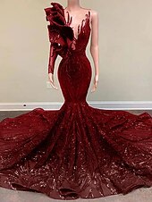 halpa Merenneito Illan Mekot-Trumpetti merenneito Hovilaahus Tanssiaismekot Iltapuku Ball Gown Muodollinen mekko Tyylikäs Kimmaltava ja hohtava Pitkähihainen Yksiolkaiminen Kihlaus Muodollinen iltajuhla Paljetein koristeltu