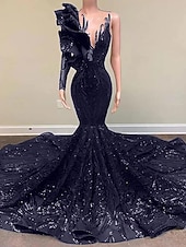halpa Merenneito Illan Mekot-Trumpetti merenneito Hovilaahus Tanssiaismekot Iltapuku Ball Gown Muodollinen mekko Tyylikäs Kimmaltava ja hohtava Pitkähihainen Yksiolkaiminen Kihlaus Muodollinen iltajuhla Paljetein koristeltu