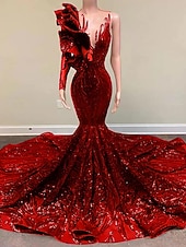 halpa Merenneito Illan Mekot-Trumpetti merenneito Hovilaahus Tanssiaismekot Iltapuku Ball Gown Muodollinen mekko Tyylikäs Kimmaltava ja hohtava Pitkähihainen Yksiolkaiminen Kihlaus Muodollinen iltajuhla Paljetein koristeltu