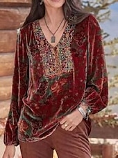 economico Tops Boho-camicia da donna camicia boho camicetta velluto base stampa floreale manica lunga top regolari scollo a V festa capodanno giallo rosso viola grigio primavera autunno